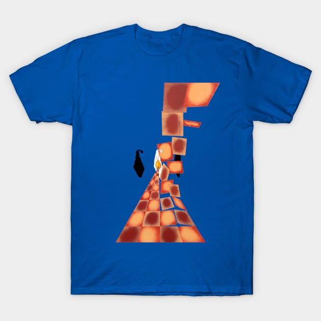 Disrupted Egg Path On Blue T-Shirt by Lavott4Art